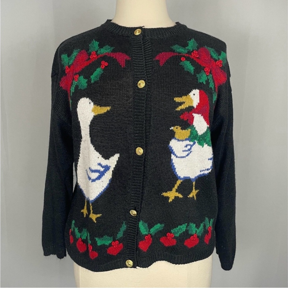 Vintage Cardigan Sweater Size XL Black Graphic Goose Geese Knit Ugly Grandma 90s